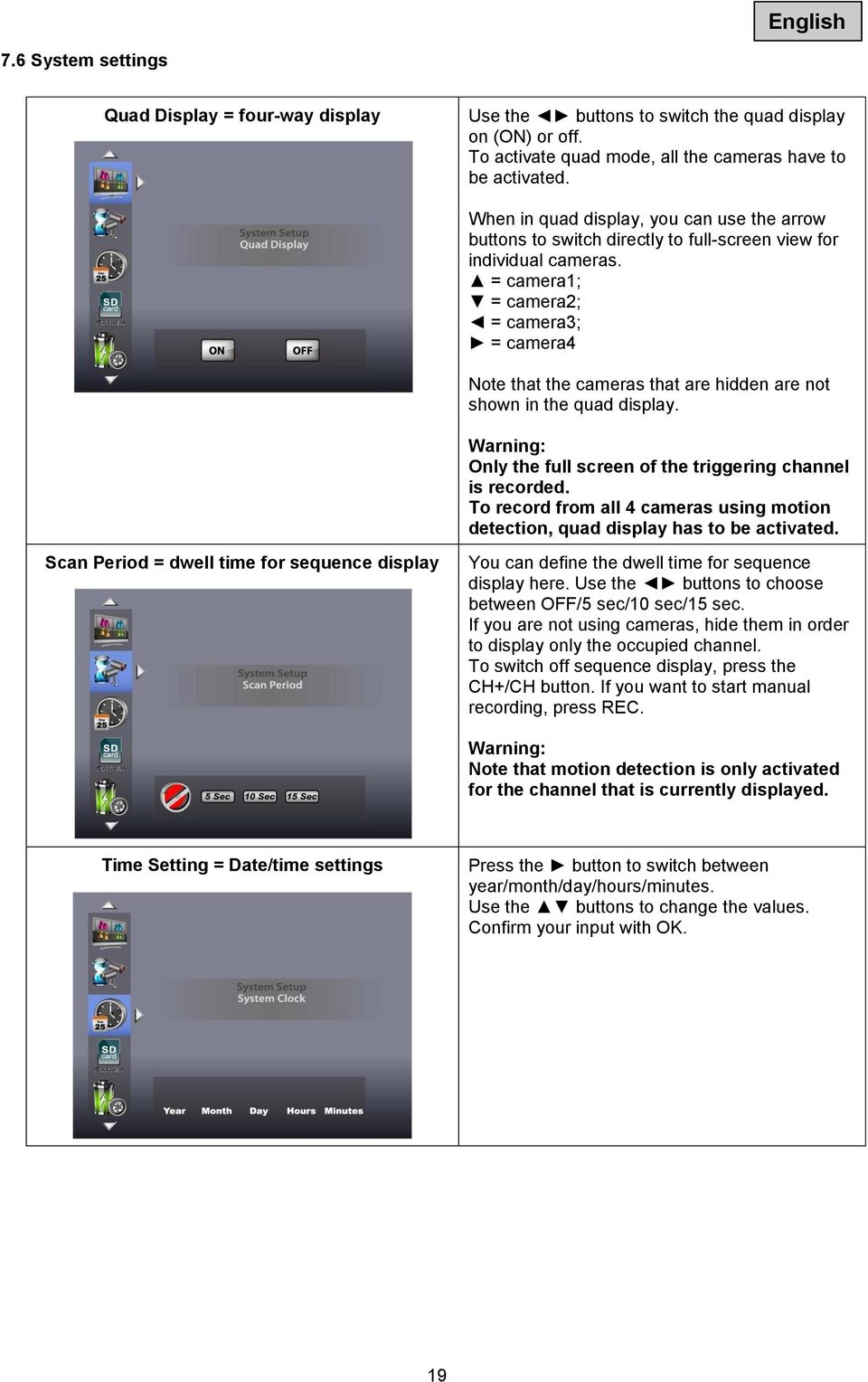 = camera1; = camera2; = camera3; = camera4 Note that the cameras that are hidden are not shown in the quad display. Warning: Only the full screen of the triggering channel is recorded.