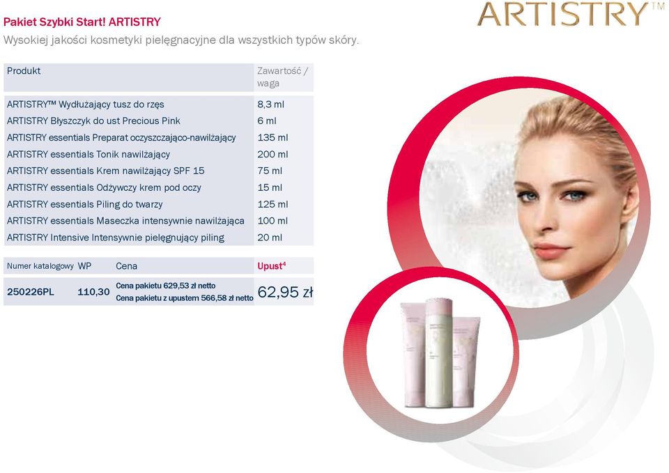 essentials Tonik nawilżający ARTISTRY essentials Krem nawilżający SPF 15 ARTISTRY essentials Odżywczy krem pod oczy ARTISTRY essentials Piling do twarzy ARTISTRY