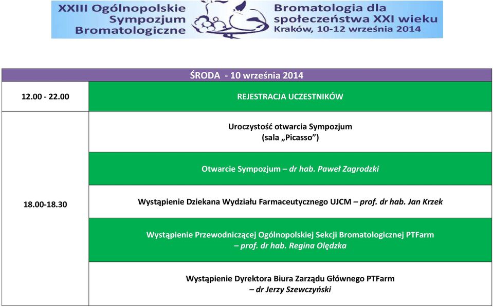 Paweł Zagrodzki 18.00-18.30 Wystąpienie Dziekana Wydziału Farmaceutycznego UJCM prof. dr hab.