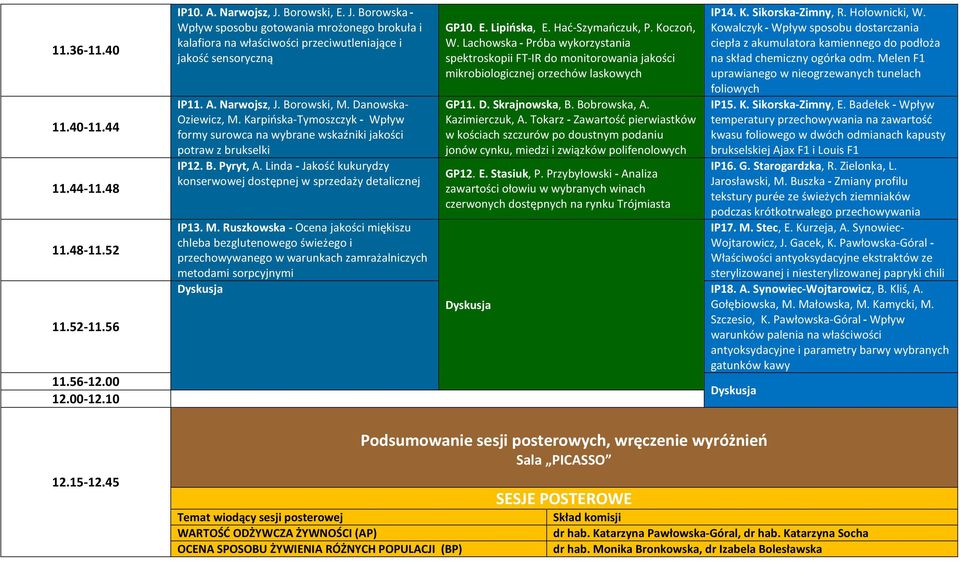 Karpińska-Tymoszczyk - Wpływ formy surowca na wybrane wskaźniki jakości potraw z brukselki IP12. B. Pyryt, A. Linda - Jakość kukurydzy konserwowej dostępnej w sprzedaży detalicznej IP13. M.