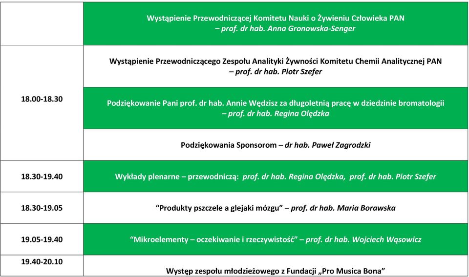 Piotr Szefer 18.00-18.30 Podziękowanie Pani prof. dr hab. Annie Wędzisz za długoletnią pracę w dziedzinie bromatologii prof. dr hab. Regina Olędzka Podziękowania Sponsorom dr hab.