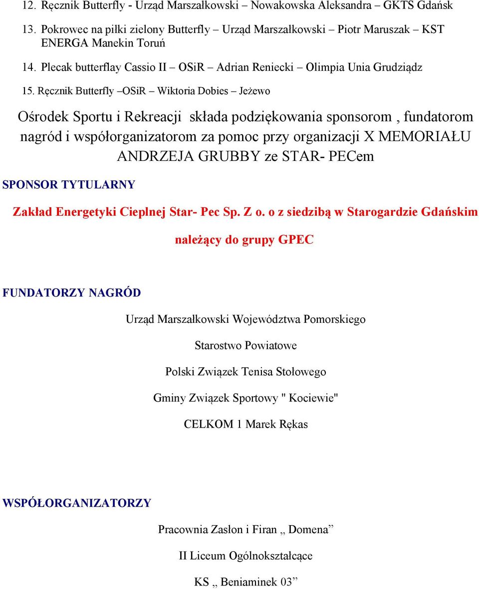 Ręcznik Butterfly OSiR Wiktoria Dobies Jeżewo Ośrodek Sportu i Rekreacji składa podziękowania sponsorom, fundatorom nagród i współorganizatorom za pomoc przy organizacji X MEMORIAŁU ANDRZEJA GRUBBY