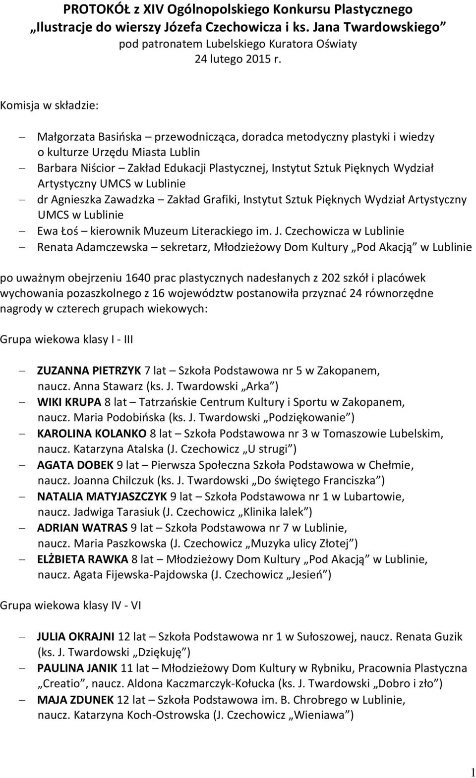 Wydział Artystyczny UMCS w Lublinie dr Agnieszka Zawadzka Zakład Grafiki, Instytut Sztuk Pięknych Wydział Artystyczny UMCS w Lublinie Ewa Łoś kierownik Muzeum Literackiego im. J.