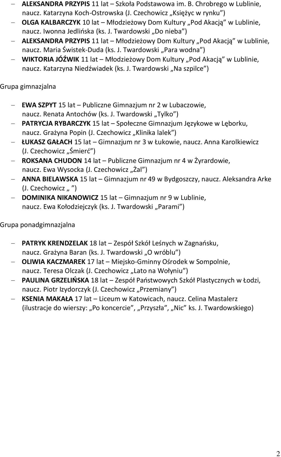dlińska (ks. J. Twardowski Do nieba ) ALEKSANDRA PRZYPIS 11 lat Młodzieżowy Dom Kultury Pod Akacją w Lublinie, naucz. Maria Świstek-Duda (ks. J. Twardowski Para wodna ) WIKTORIA JÓŹWIK 11 lat Młodzieżowy Dom Kultury Pod Akacją w Lublinie, naucz.