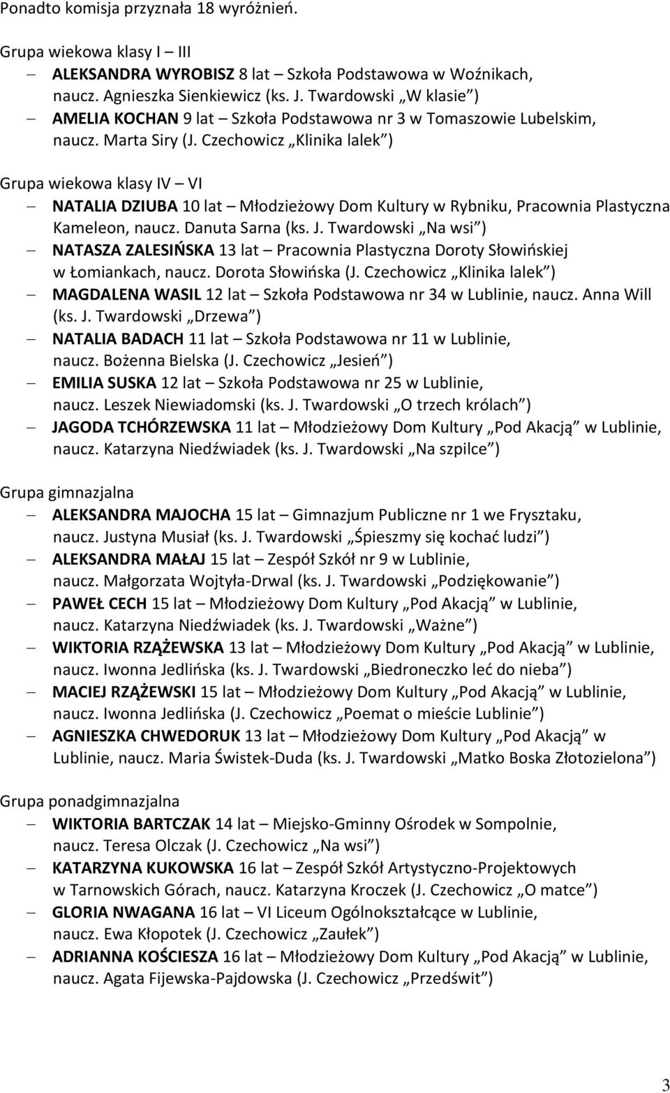 Czechowicz Klinika lalek ) Grupa wiekowa klasy IV VI NATALIA DZIUBA 10 lat Młodzieżowy Dom Kultury w Rybniku, Pracownia Plastyczna Kameleon, naucz. Danuta Sarna (ks. J.