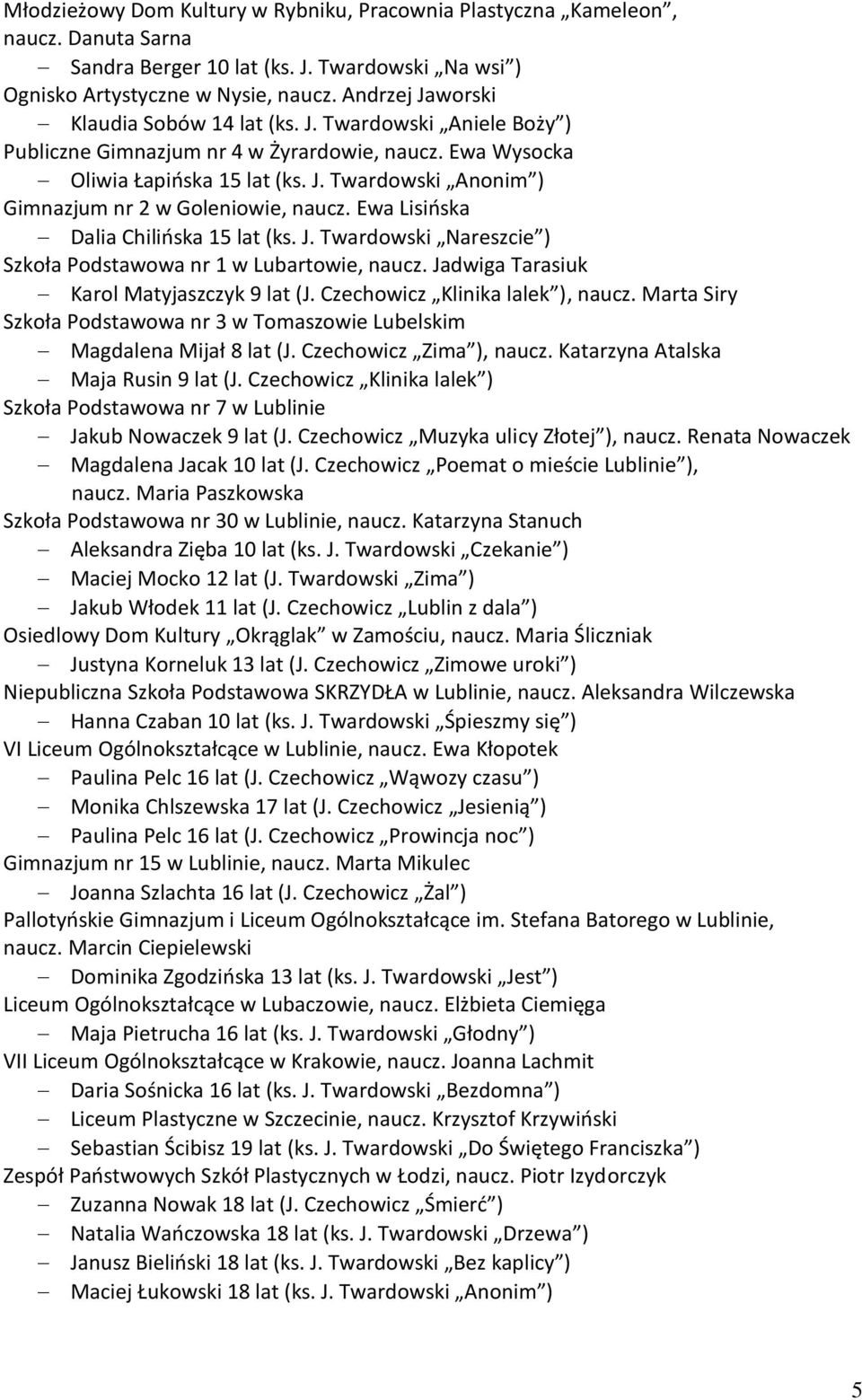 Ewa Lisińska Dalia Chilińska 15 lat (ks. J. Twardowski Nareszcie ) Szkoła Podstawowa nr 1 w Lubartowie, naucz. Jadwiga Tarasiuk Karol Matyjaszczyk 9 lat (J. Czechowicz Klinika lalek ), naucz.