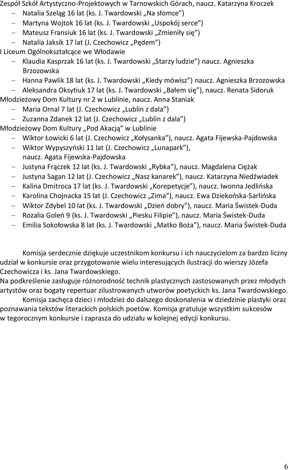 Agnieszka Brzozowska Hanna Pawlik 18 lat (ks. J. Twardowski Kiedy mówisz ) naucz. Agnieszka Brzozowska Aleksandra Oksytiuk 17 lat (ks. J. Twardowski Bałem się ), naucz.