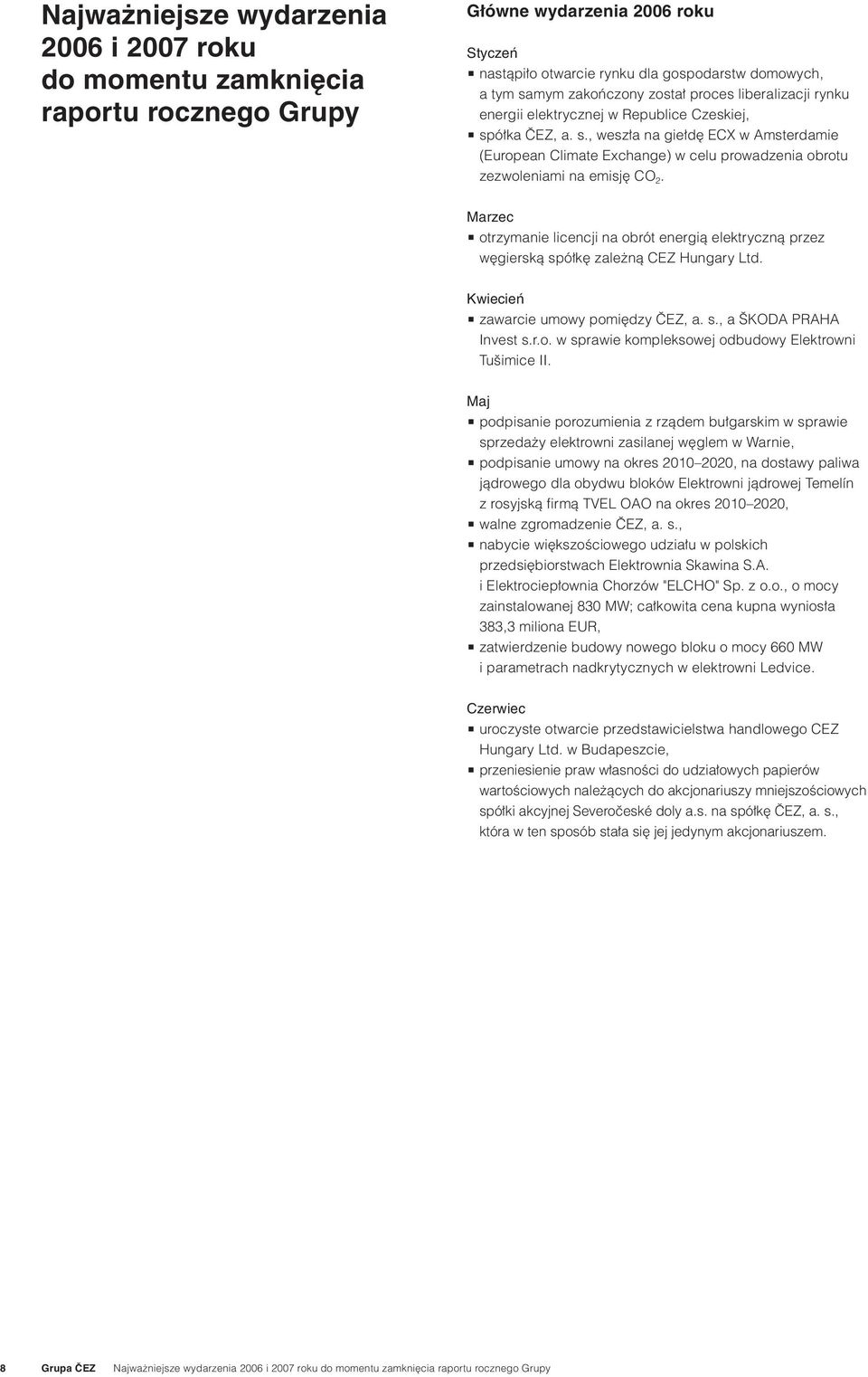 Marzec otrzymanie licencji na obrót energią elektryczną przez węgierską spółkę zależną CEZ Hungary Ltd. Kwiecień zawarcie umowy pomiędzy ČEZ, a. s., a ŠKODA PRAHA Invest s.r.o. w sprawie kompleksowej odbudowy Elektrowni Tušimice II.