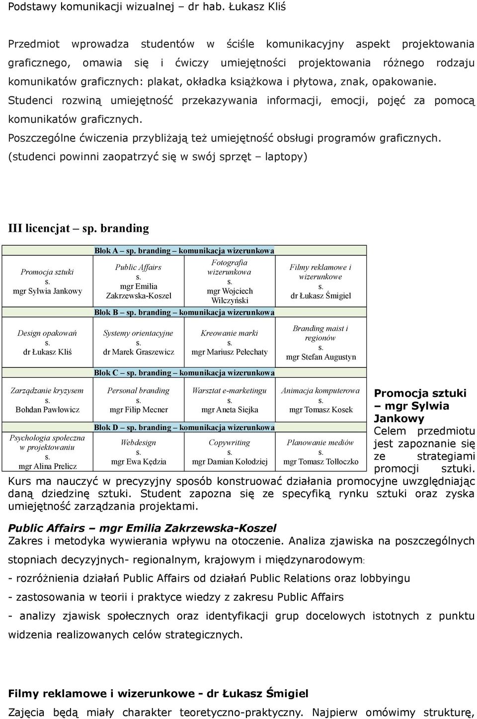 okładka książkowa i płytowa, znak, opakowanie. Studenci rozwiną umiejętność przekazywania informacji, emocji, pojęć za pomocą komunikatów graficznych.