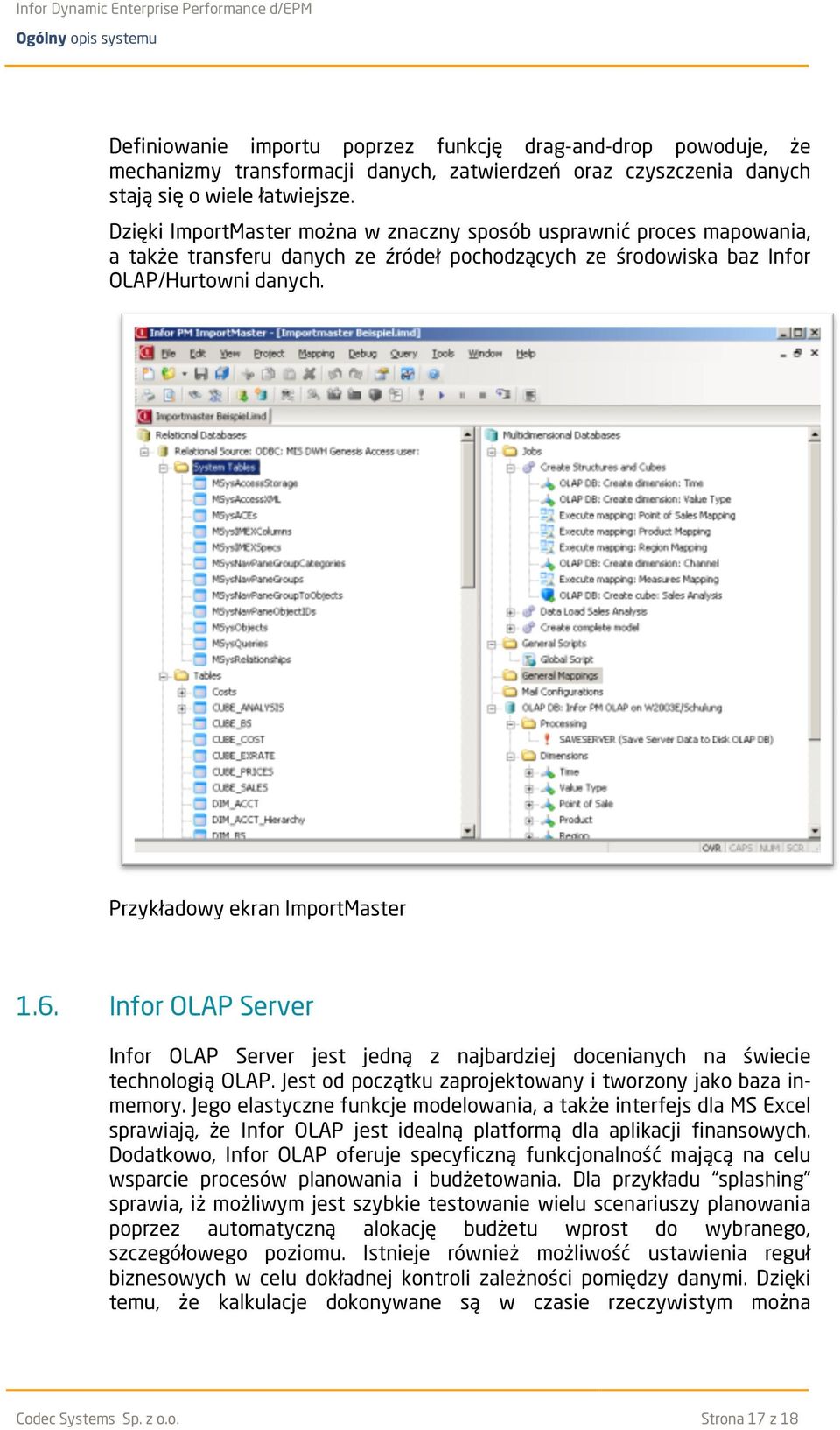 Przykładowy ekran ImportMaster 1.6. Infor OLAP Server Infor OLAP Server jest jedną z najbardziej docenianych na świecie technologią OLAP. Jest od początku zaprojektowany i tworzony jako baza inmemory.