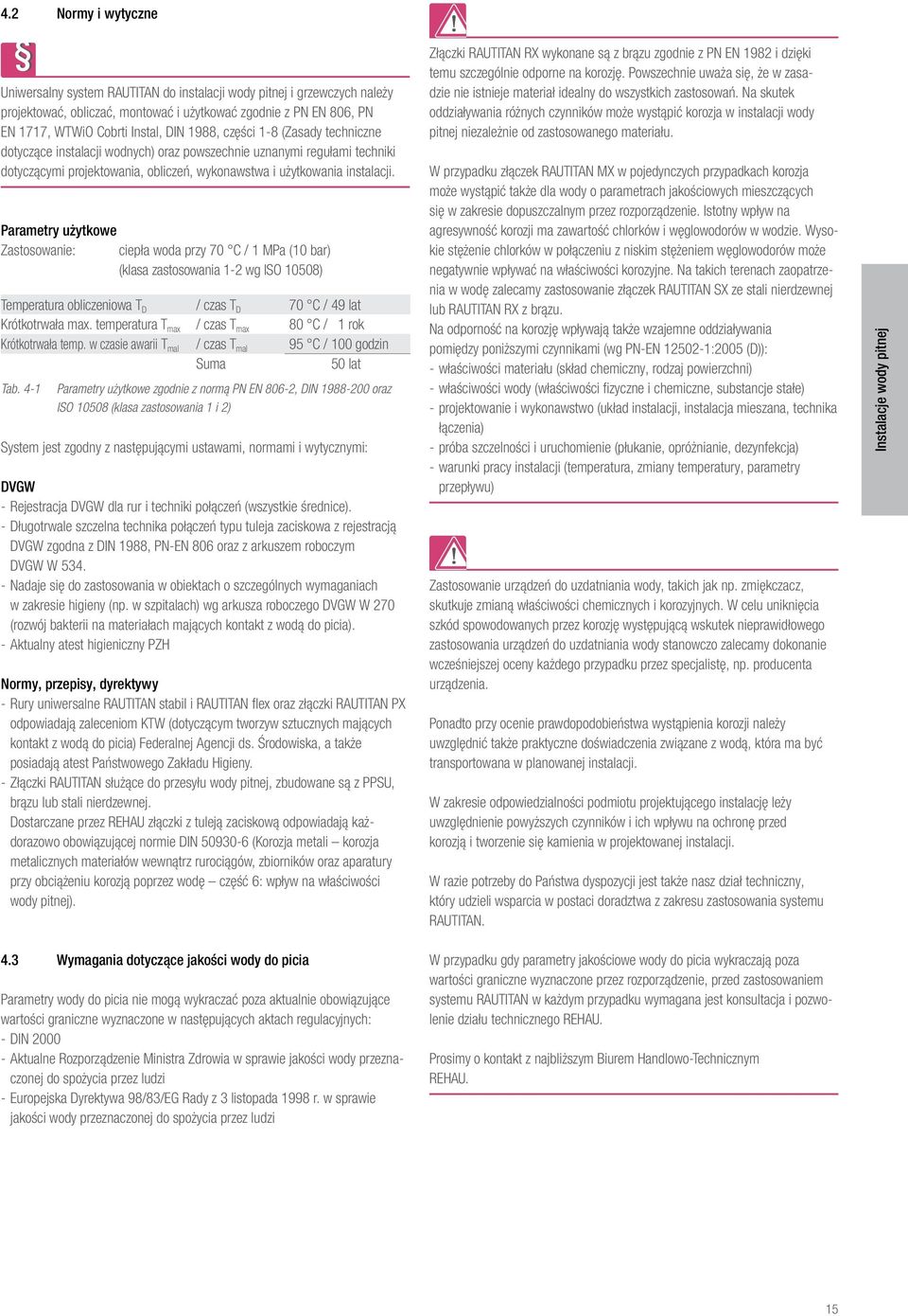 Parametry użytkowe Zastosowanie: ciepła woda przy 70 C / 1 MPa (10 bar) (klasa zastosowania 1-2 wg ISO 10508) Temperatura obliczeniowa T D / czas T D 70 C / 49 lat Krótkotrwała max.