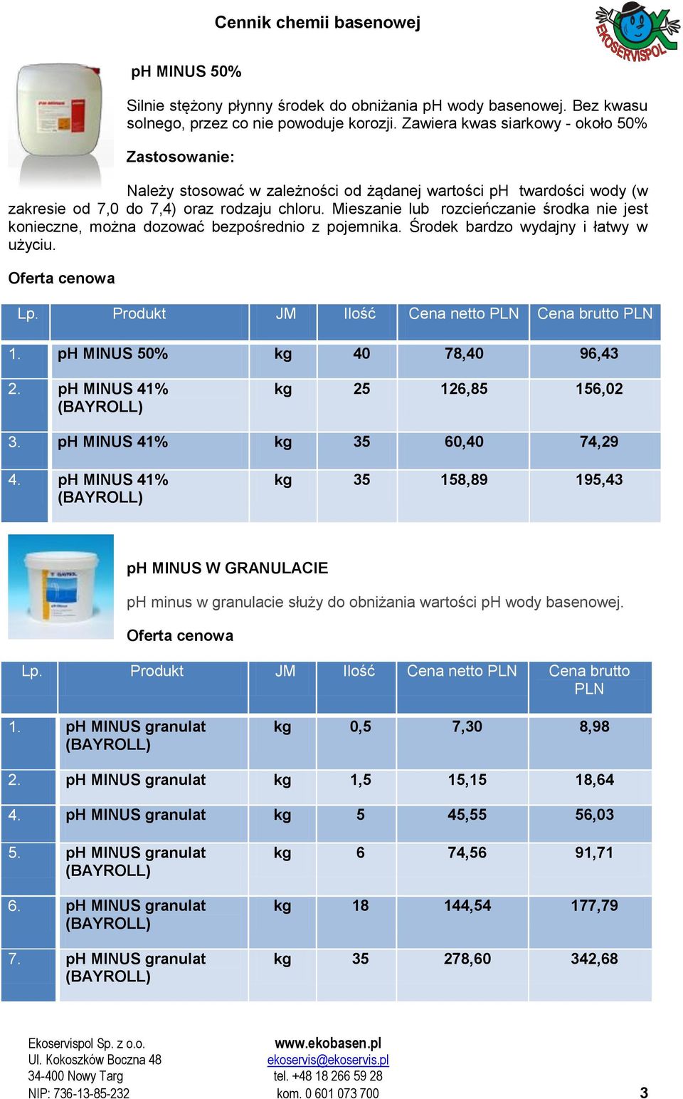 Mieszanie lub rozcieńczanie środka nie jest konieczne, można dozować bezpośrednio z pojemnika. Środek bardzo wydajny i łatwy w użyciu. 1. ph MINUS 50% kg 40 78,40 96,43 2.