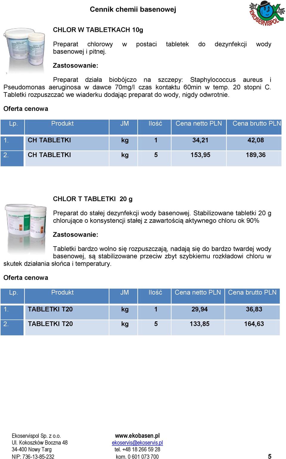 Tabletki rozpuszczać we wiaderku dodając preparat do wody, nigdy odwrotnie. 1. CH TABLETKI kg 1 34,21 42,08 2.