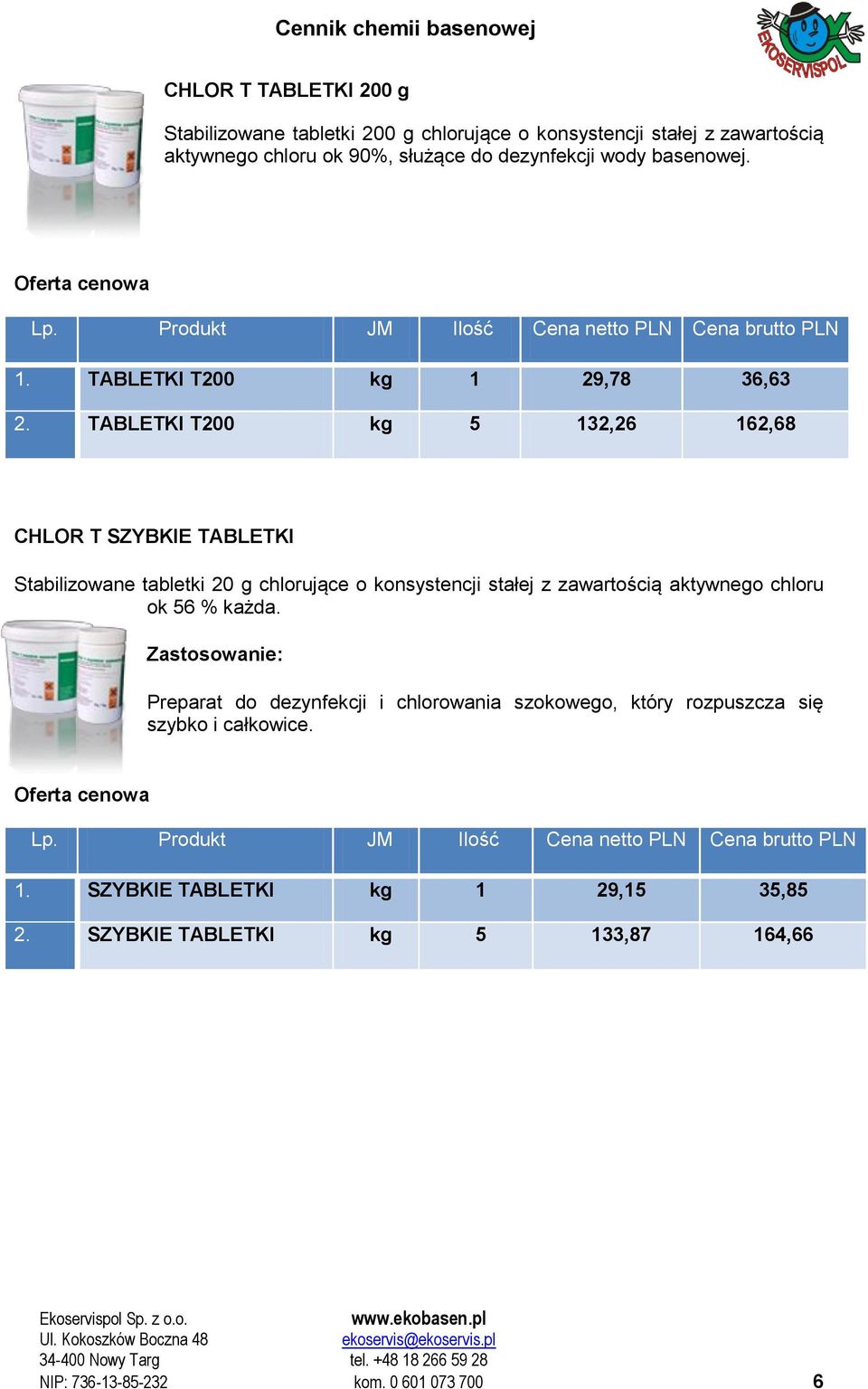 TABLETKI T200 kg 5 132,26 162,68 CHLOR T SZYBKIE TABLETKI Stabilizowane tabletki 20 g chlorujące o konsystencji stałej z zawartością aktywnego