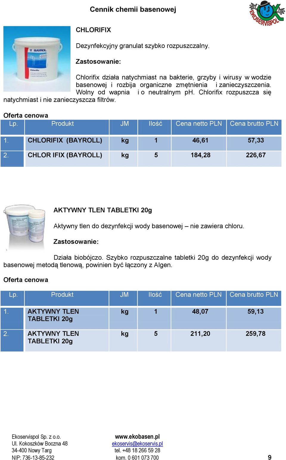 Chlorifix rozpuszcza się natychmiast i nie zanieczyszcza filtrów. 1. CHLORIFIX kg 1 46,61 57,33 2.