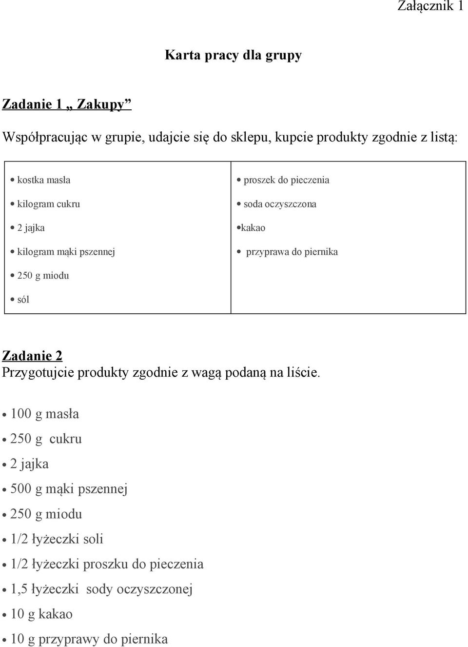 miodu sól Zadanie 2 Przygotujcie produkty zgodnie z wagą podaną na liście.