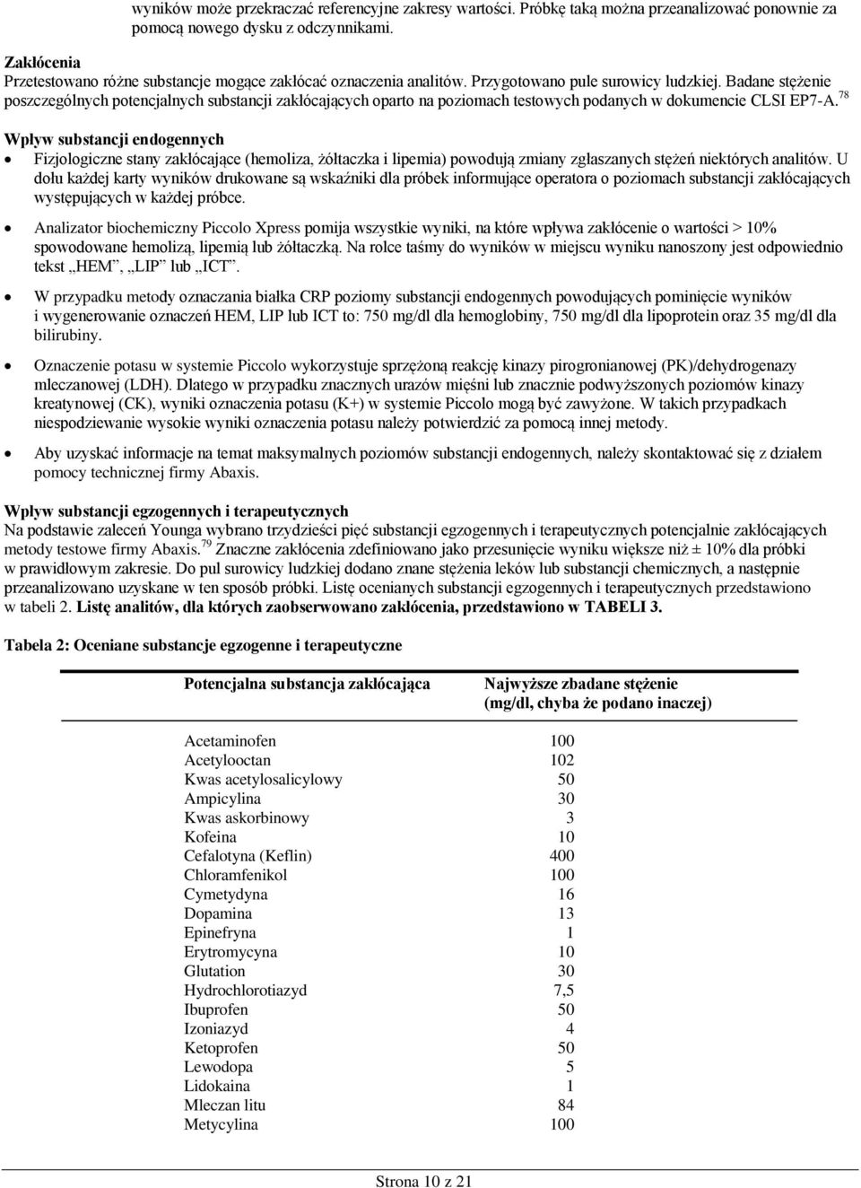 Badane stężenie poszczególnych potencjalnych substancji zakłócających oparto na poziomach testowych podanych w dokumencie CLSI EP7-A.