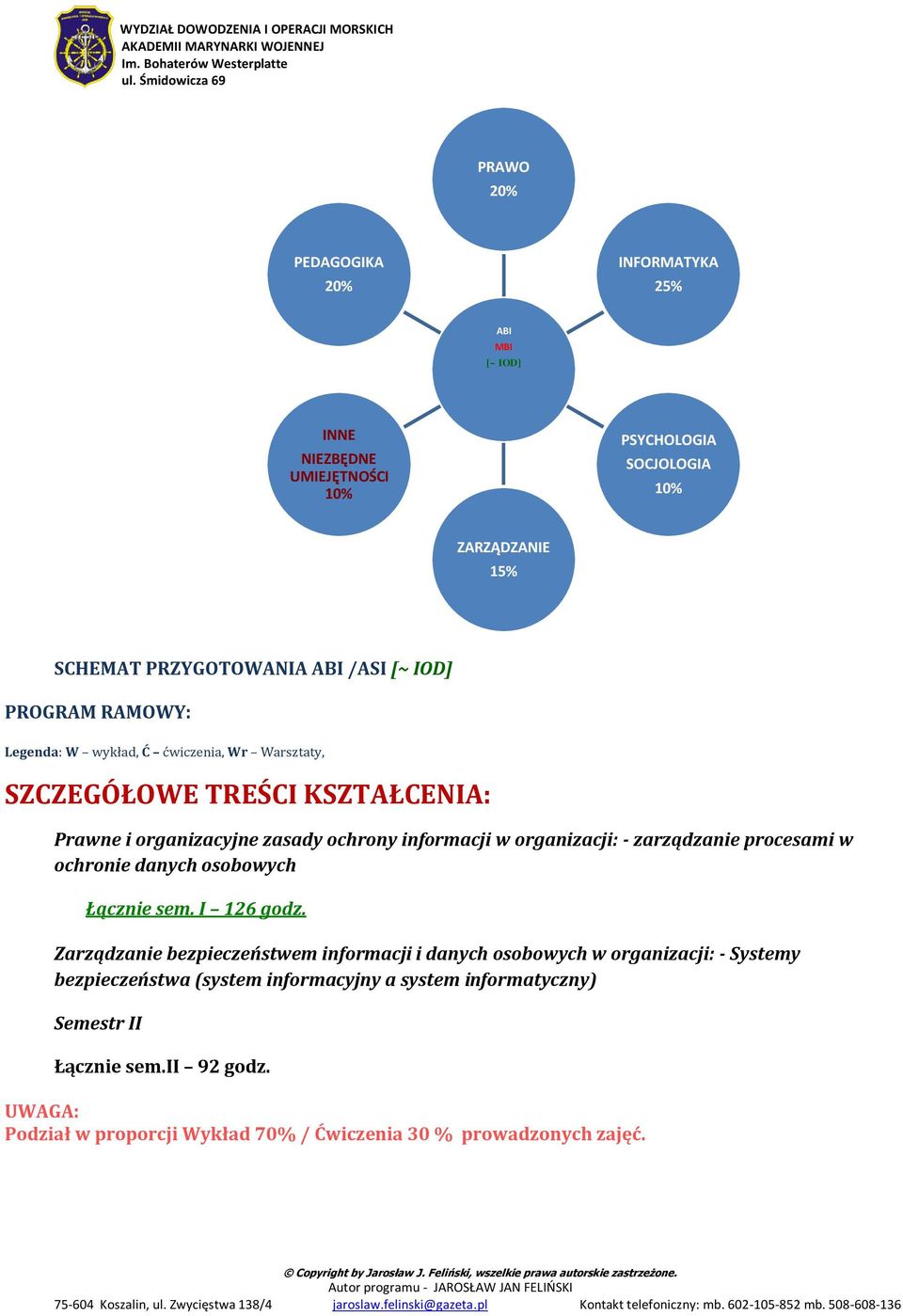 organizacji: - zarządzanie procesami w ochronie danych osobowych Łącznie sem. I 126 godz.