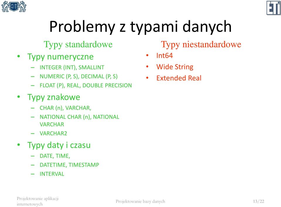 NATIONAL CHAR (n), NATIONAL VARCHAR VARCHAR2 Typy daty i czasu DATE, TIME, DATETIME,