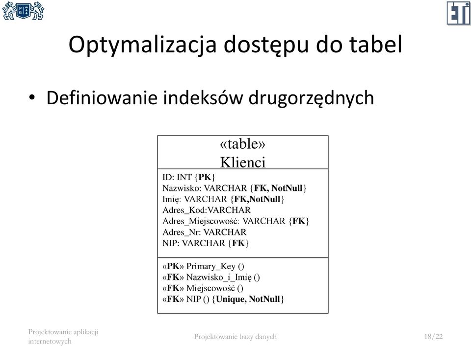Adres_Miejscowość: VARCHAR {FK} Adres_Nr: VARCHAR NIP: VARCHAR {FK} «PK» Primary_Key ()