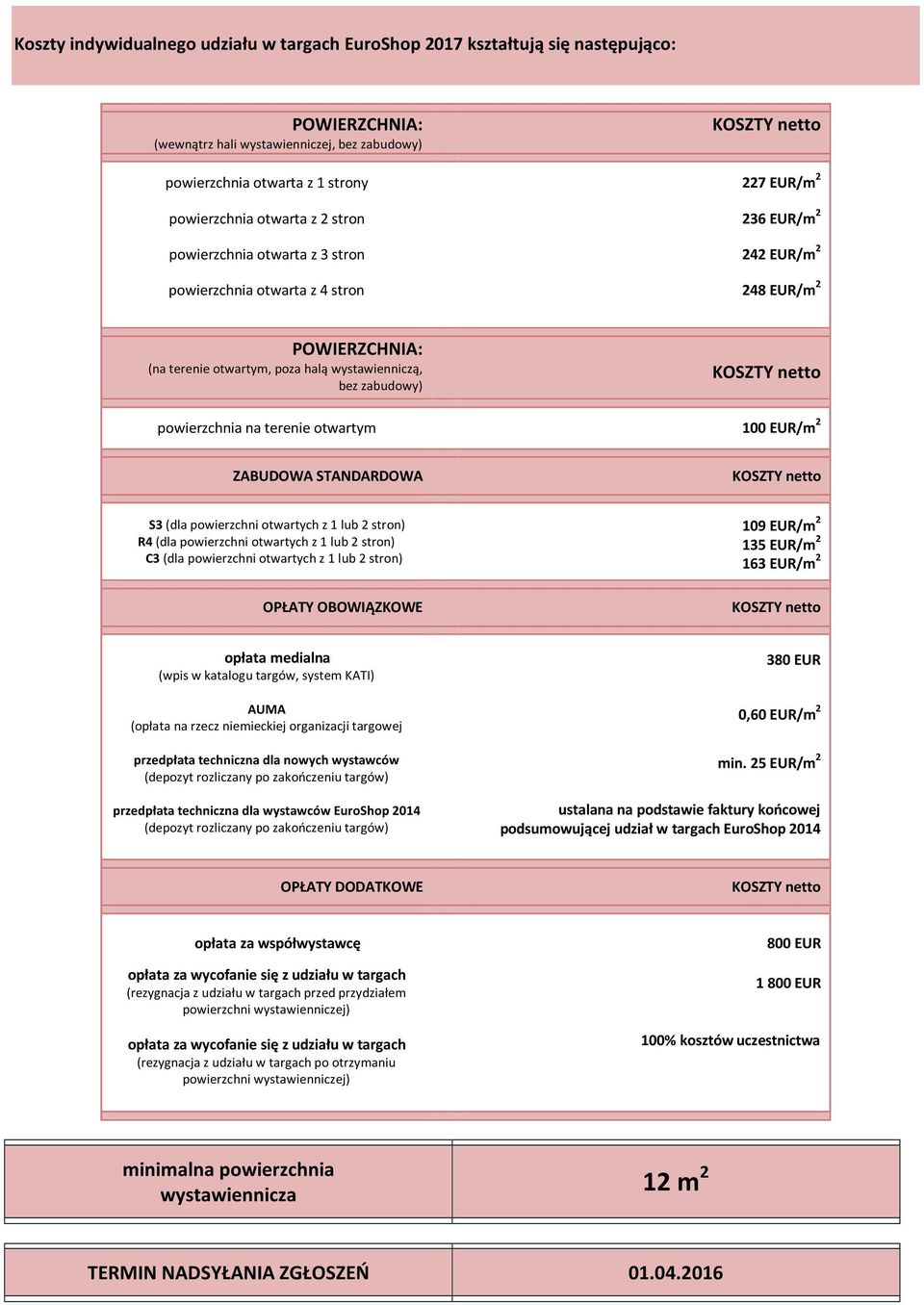 zabudowy) KOSZTY netto powierzchnia na terenie otwartym 100 EUR/m 2 ZABUDOWA STANDARDOWA KOSZTY netto S3 (dla powierzchni otwartych z 1 lub 2 stron) R4 (dla powierzchni otwartych z 1 lub 2 stron) C3
