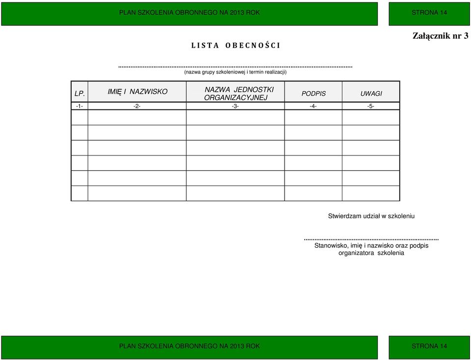 IMIĘ I NAZWISKO NAZWA JEDNOSTKI PODPIS UWAGI ORGANIZACYJNEJ -1- -2- -3- -4- -5- Stwierdzam