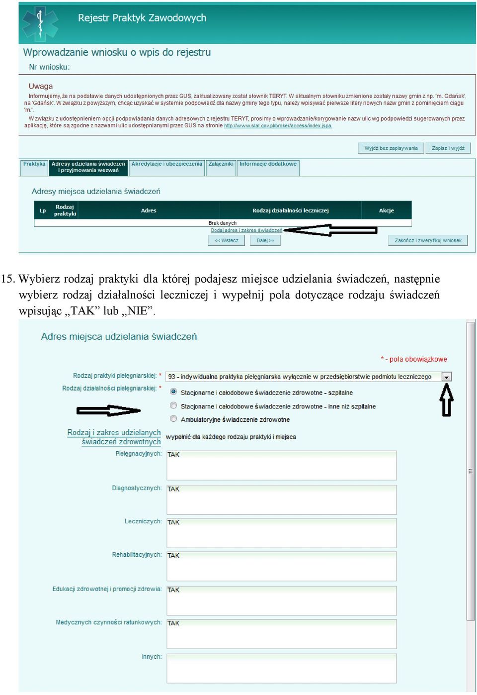 rodzaj działalności leczniczej i wypełnij pola