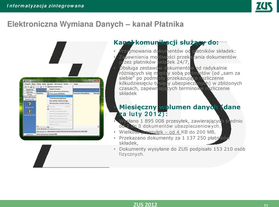 ubezpieczonych) w zbliżonych czasach, zapewniających terminowe rozliczenie składek Miesięczny wolumen danych (dane za luty 2012): Wysłano 1 895 008 przesyłek, zawierających średnio