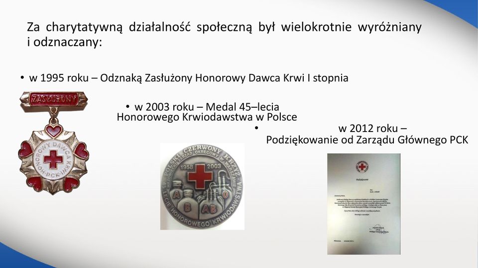 Honorowy Dawca Krwi I stopnia w 2003 roku Medal 45 lecia
