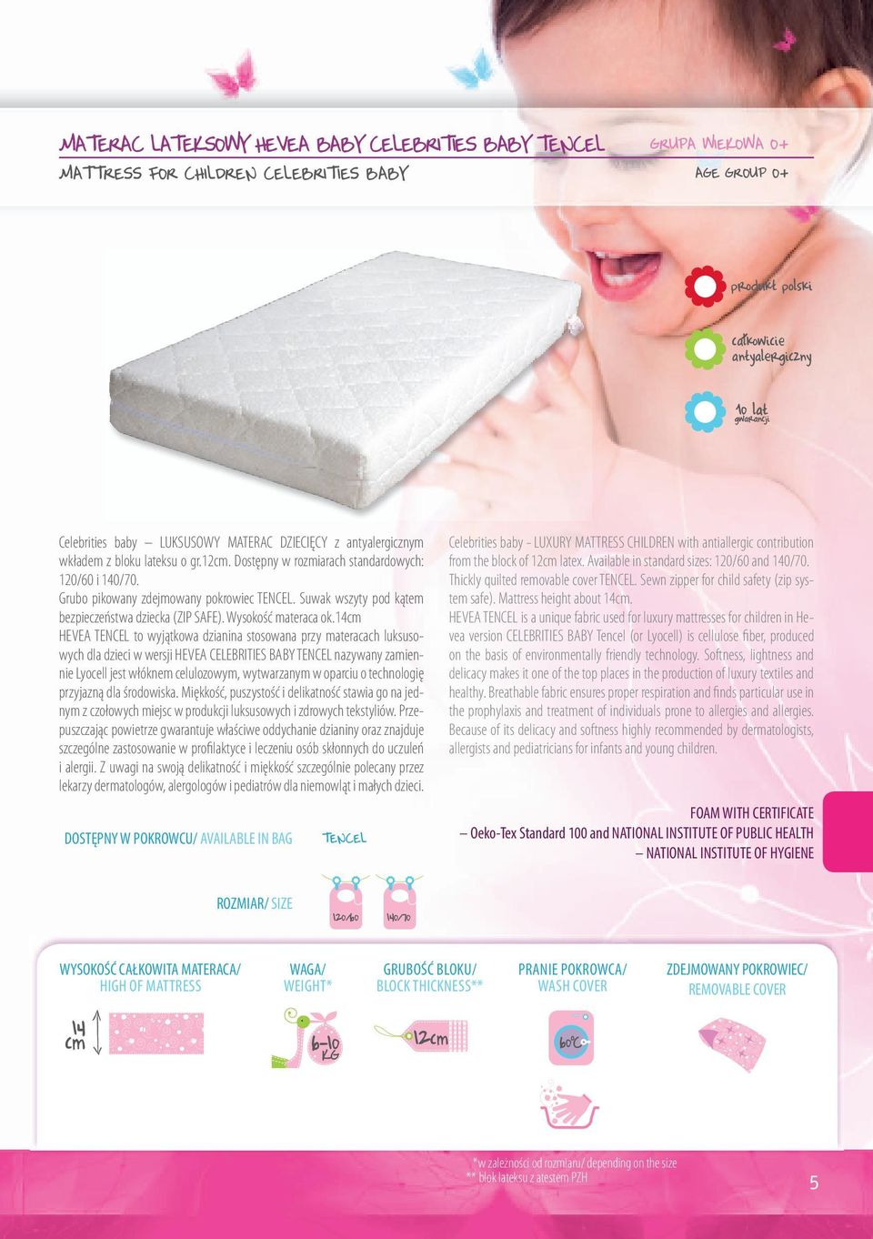 14cm HEVEA TENCEL to wyjątkowa dzianina stosowana przy materacach luksusowych dla dzieci w wersji HEVEA CELEBRITIES BABY TENCEL nazywany zamiennie Lyocell jest włóknem celulozowym, wytwarzanym w