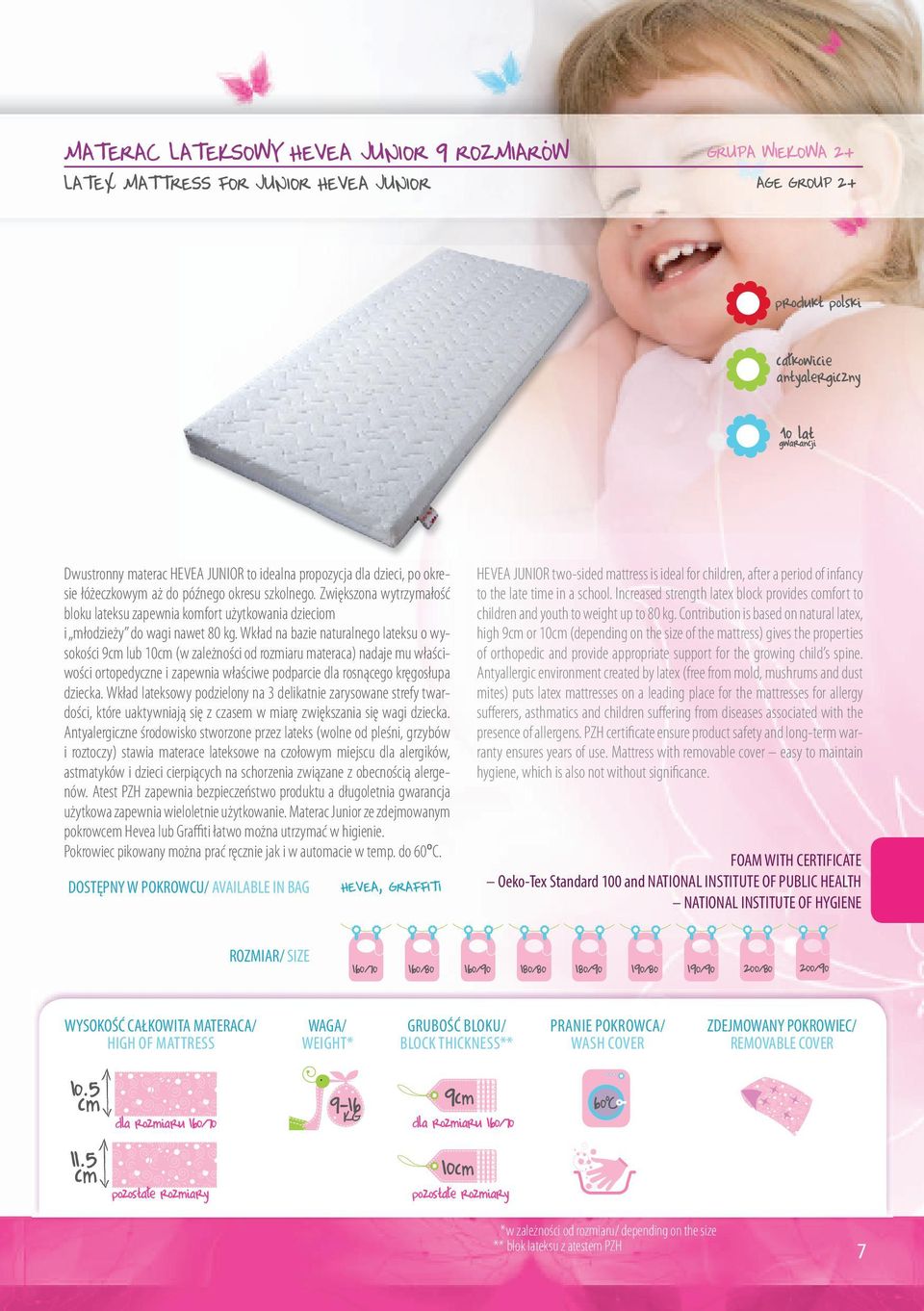 Wkład na bazie naturalnego lateksu o wysokości 9cm lub 10cm (w zależności od rozmiaru materaca) nadaje mu właściwości ortopedyczne i zapewnia właściwe podparcie dla rosnącego kręgosłupa dziecka.