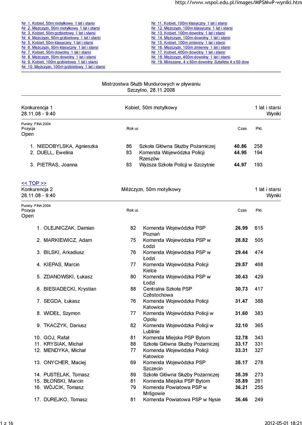 Mężczyzn, 100m klasyczny Nr 13. Kobiet, 100m dowolny Nr 14. Mężczyzn, 100m dowolny Nr 15. Kobiet, 100m zmienny Nr 16. Mężczyzn, 100m zmienny Nr 17. Kobiet, 400m dowolny Nr 18.