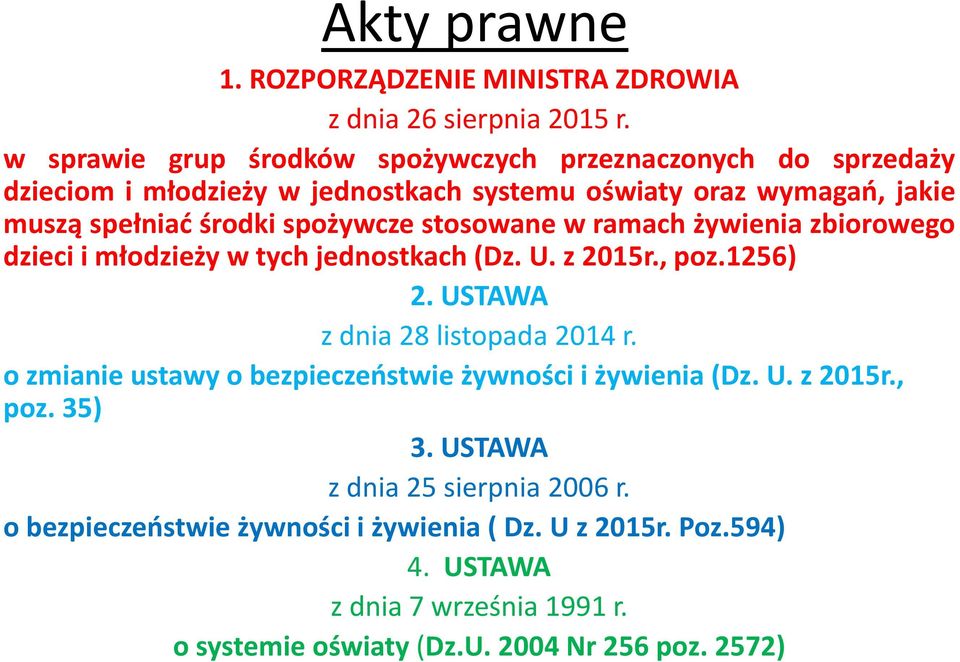 spożywcze stosowane w ramach żywienia zbiorowego dzieci i młodzieży w tych jednostkach (Dz. U. z 2015r., poz.1256) 2. USTAWA z dnia 28 listopada 2014 r.