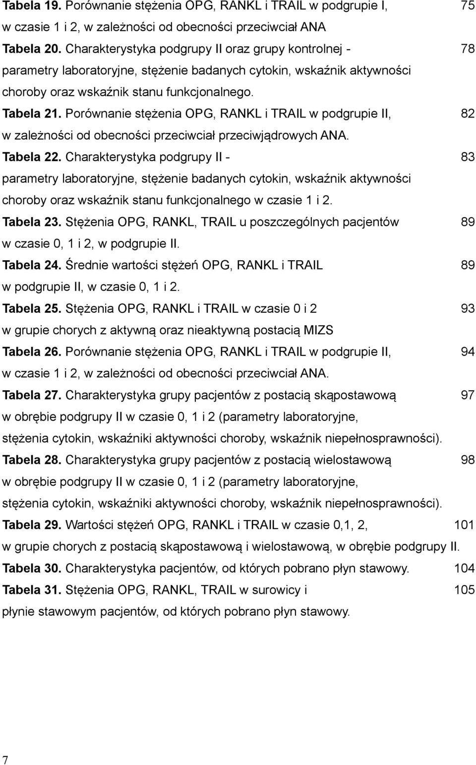 Porównanie stężenia OPG, RANKL i TRAIL w podgrupie II, 0082 w zależności od obecności przeciwciał przeciwjądrowych ANA. Tabela 22.