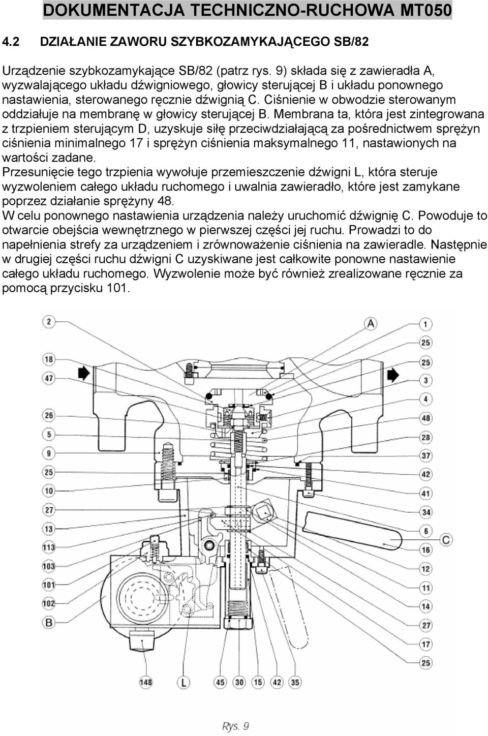 Ciśnienie w obwodzie sterowanym oddziałuje na membranę w głowicy sterującej B.