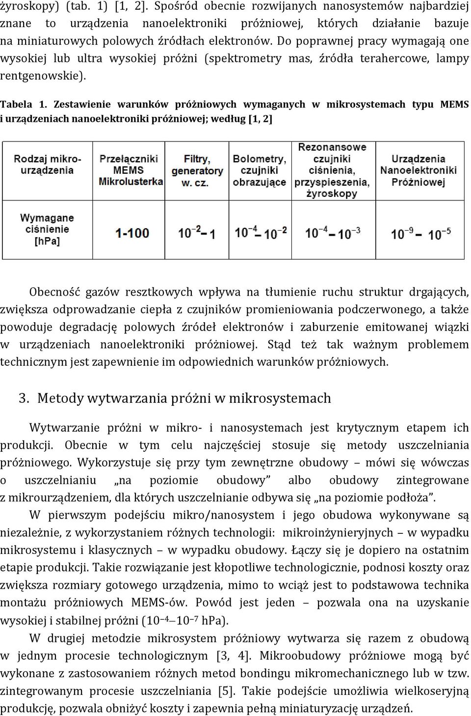Zestawienie warunków próżniowych wymaganych w mikrosystemach typu MEMS i urządzeniach nanoelektroniki próżniowej; według [1, 2] Obecność gazów resztkowych wpływa na tłumienie ruchu struktur