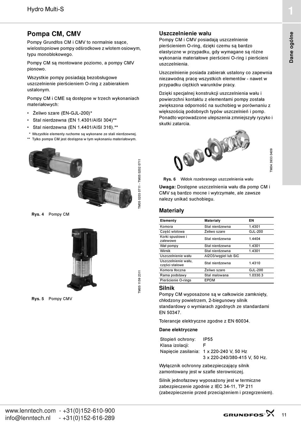 Pompy CM i CME są dostępne w trzech wykonaniach materiałowych: Żeliwo szare (EN-GJL-200)* Stal nierdzewna (EN 1.4301/AISI 304)** Stal nierdzewna (EN 1.4401/AISI 316).