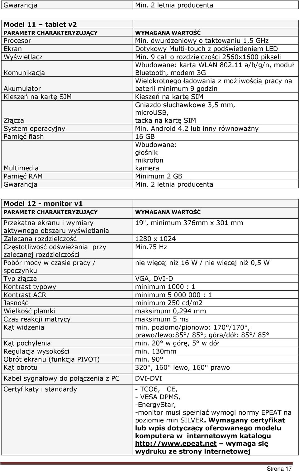 Gwarancja WYMAGANA WARTOŚĆ Min. dwurdzeniowy o taktowaniu 1,5 GHz Dotykowy Multi-touch z podświetleniem LED Min. 9 cali o rozdzielczości 2560x1600 pikseli Wbudowane: karta WLAN 802.