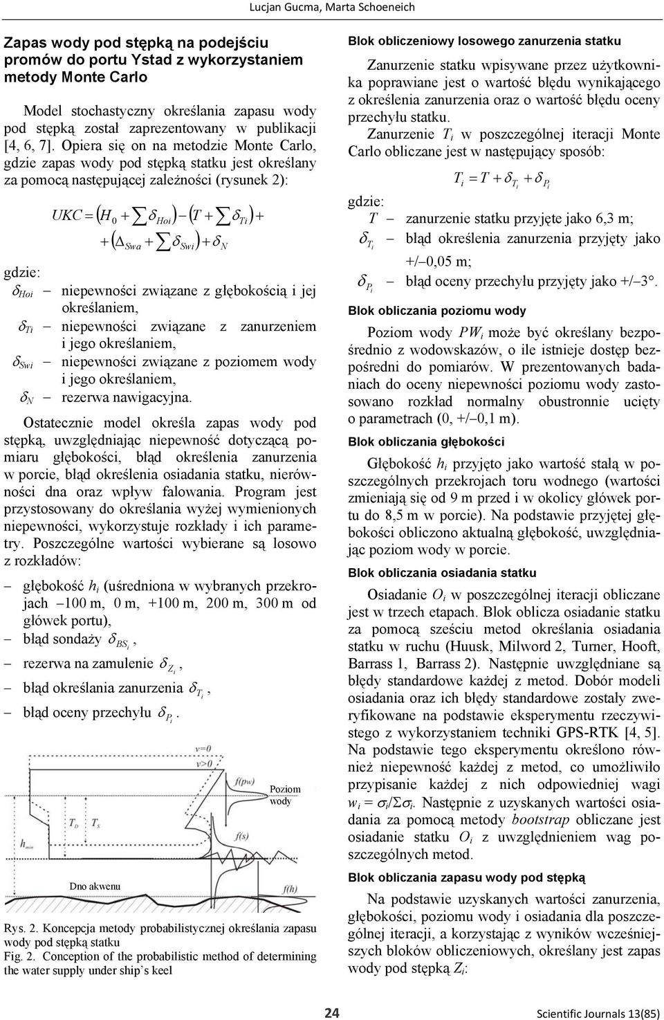 Opera sę on na metodze Monte Carlo, gdze zapas wody pod stępką statku jest określany za pomocą następującej zależnośc (rysunek 2): UKC = ( H0 + δ Ho) ( T + δt ) + ( Swa + δ Sw) + δ N gdze: δ Ho
