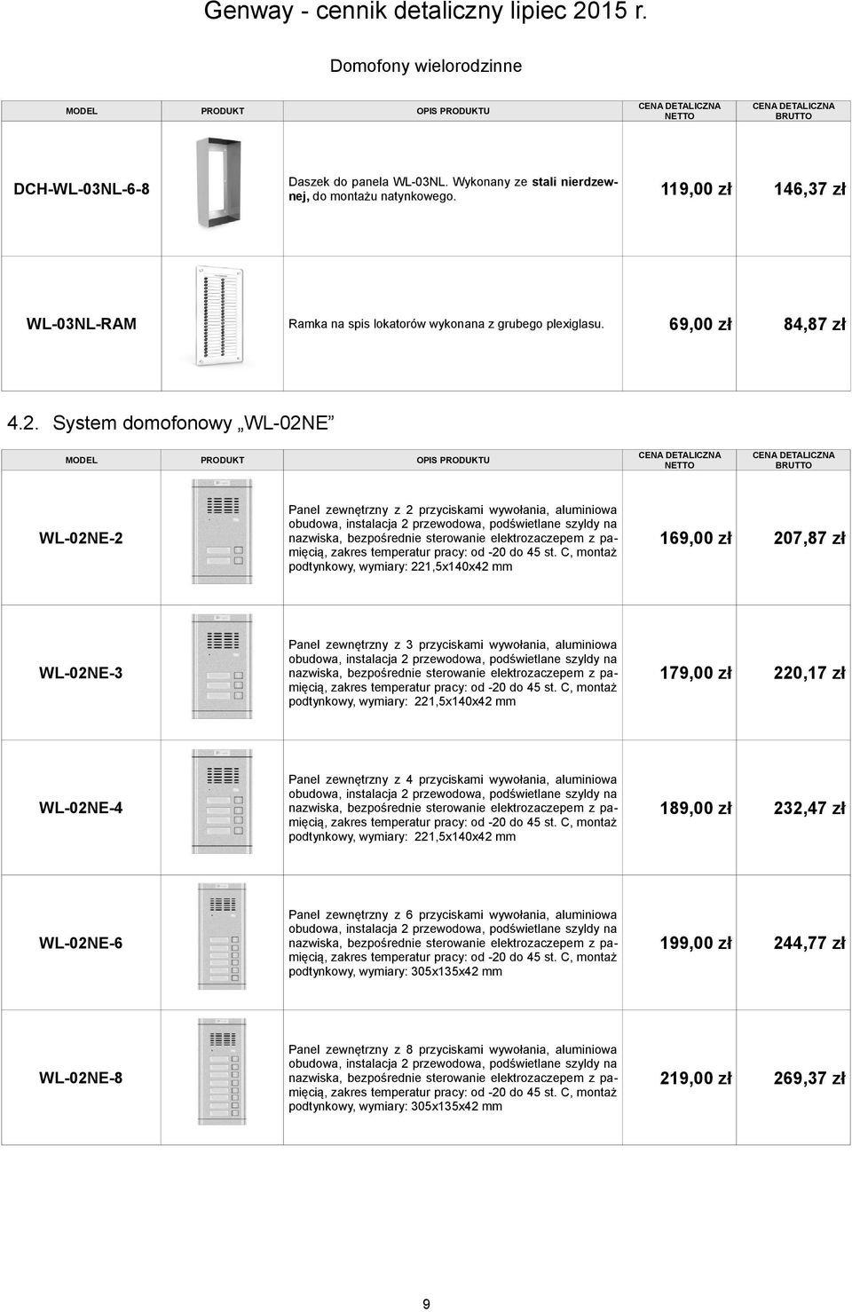 System domofonowy WL-02NE WL-02NE-2 Panel zewnętrzny z 2 przyciskami wywołania, aluminiowa obudowa, instalacja 2 przewodowa, podświetlane szyldy na nazwiska, bezpośrednie sterowanie elektrozaczepem z