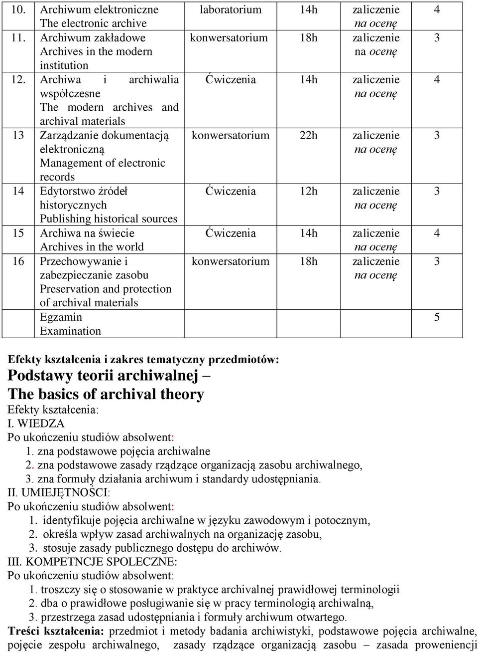 historical sources 15 Archiwa na świecie Archives in the world 16 Przechowywanie i zabezpieczanie zasobu Preservation and protection of archival materials Egzamin Examination laboratorium 14h