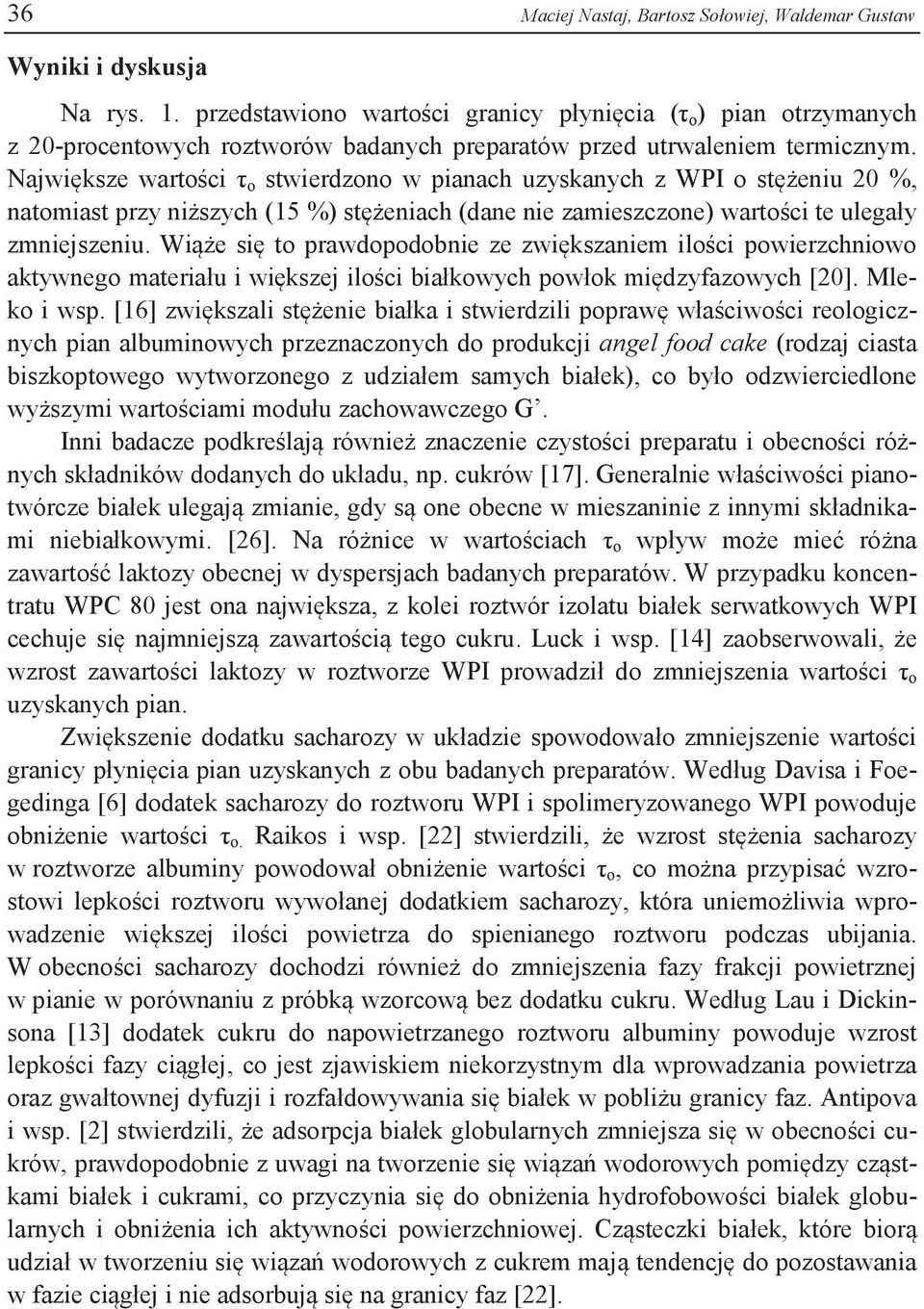 Największe wartości τ o stwierdzono w pianach uzyskanych z WPI o stężeniu 20 %, natomiast przy niższych (15 %) stężeniach (dane nie zamieszczone) wartości te ulegały zmniejszeniu.