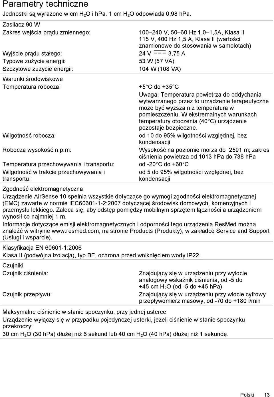 robocza: Wilgotność robocza: Robocza wysokość n.p.