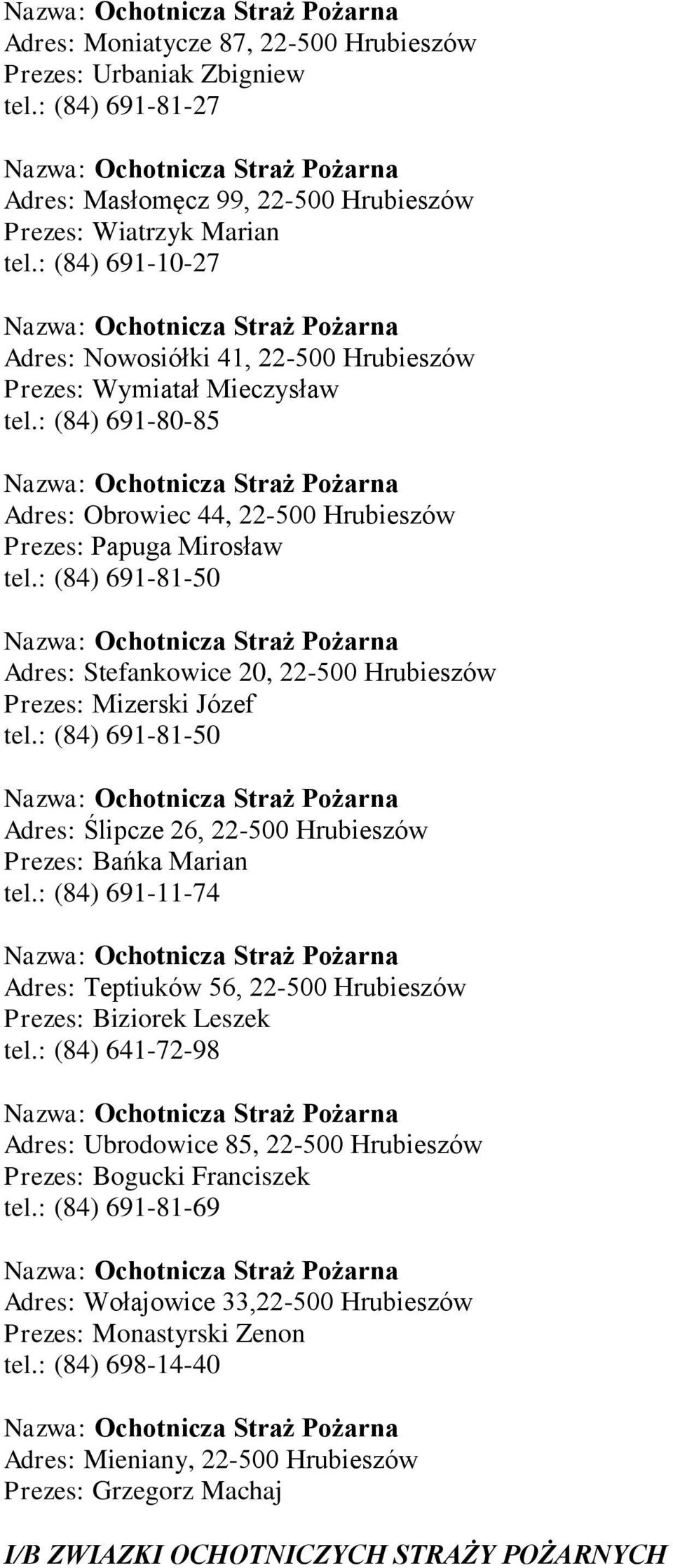 : (84) 691-81-50 Adres: Stefankowice 20, 22-500 Hrubieszów Prezes: Mizerski Józef tel.: (84) 691-81-50 Adres: Ślipcze 26, 22-500 Hrubieszów Prezes: Bańka Marian tel.