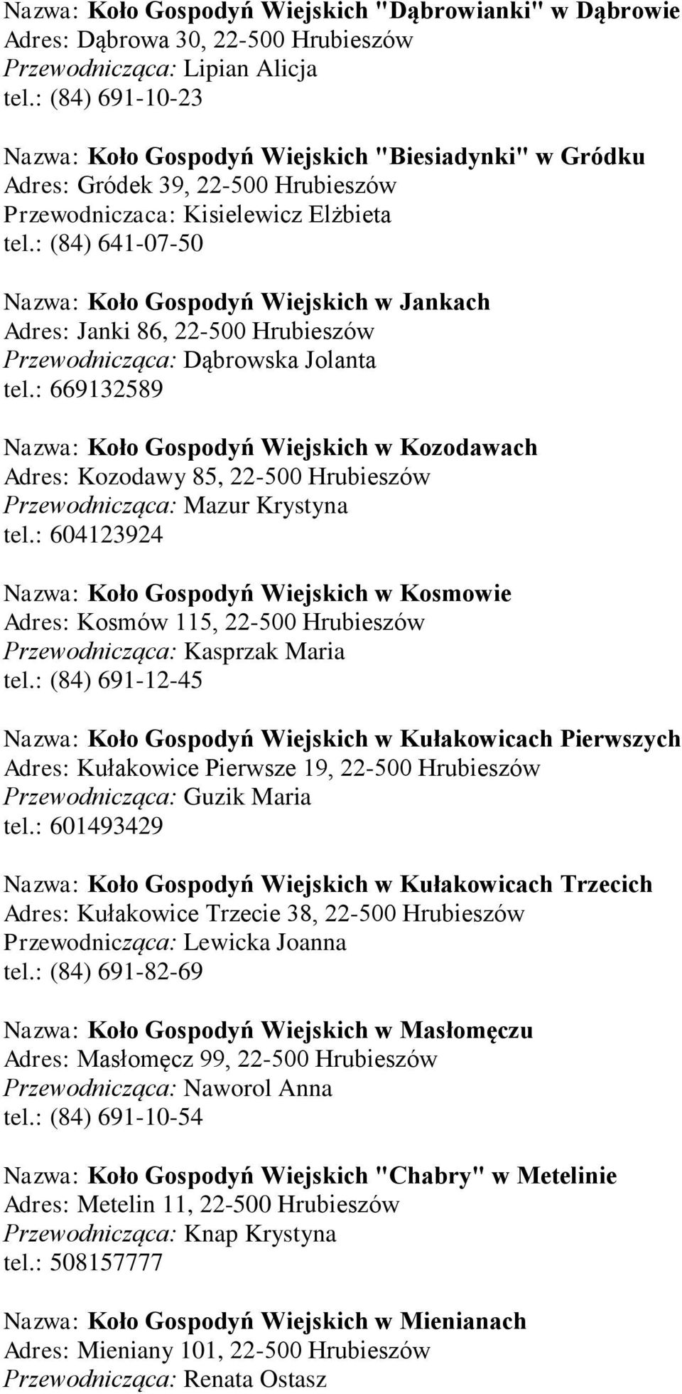 : (84) 641-07-50 Nazwa: Koło Gospodyń Wiejskich w Jankach Adres: Janki 86, 22-500 Hrubieszów Przewodnicząca: Dąbrowska Jolanta tel.