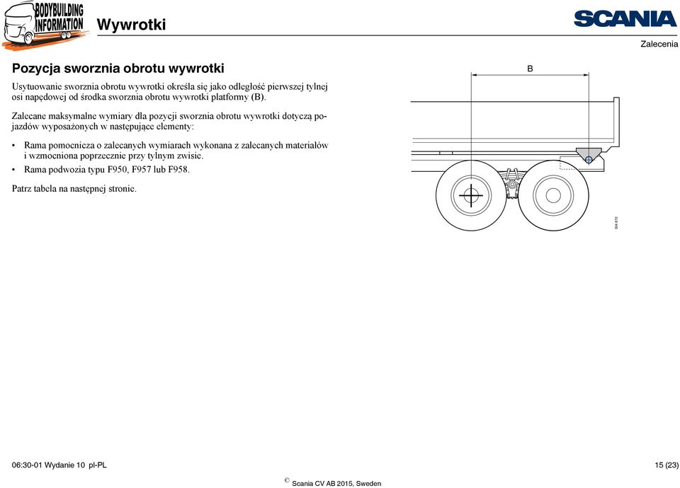 Zalecane maksymalne wymiary dla pozycji sworznia obrotu wywrotki dotyczą pojazdów wyposażonych w następujące elementy: Rama