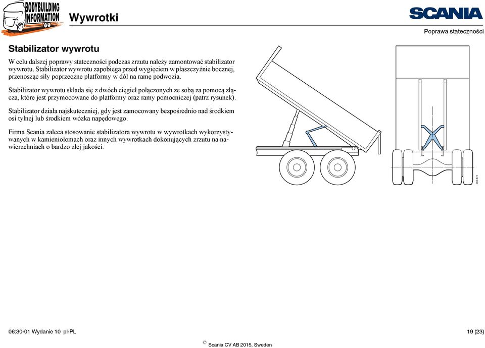 Stabilizator wywrotu składa się z dwóch cięgieł połączonych ze sobą za pomocą złącza, które jest przymocowane do platformy oraz ramy pomocniczej (patrz rysunek).