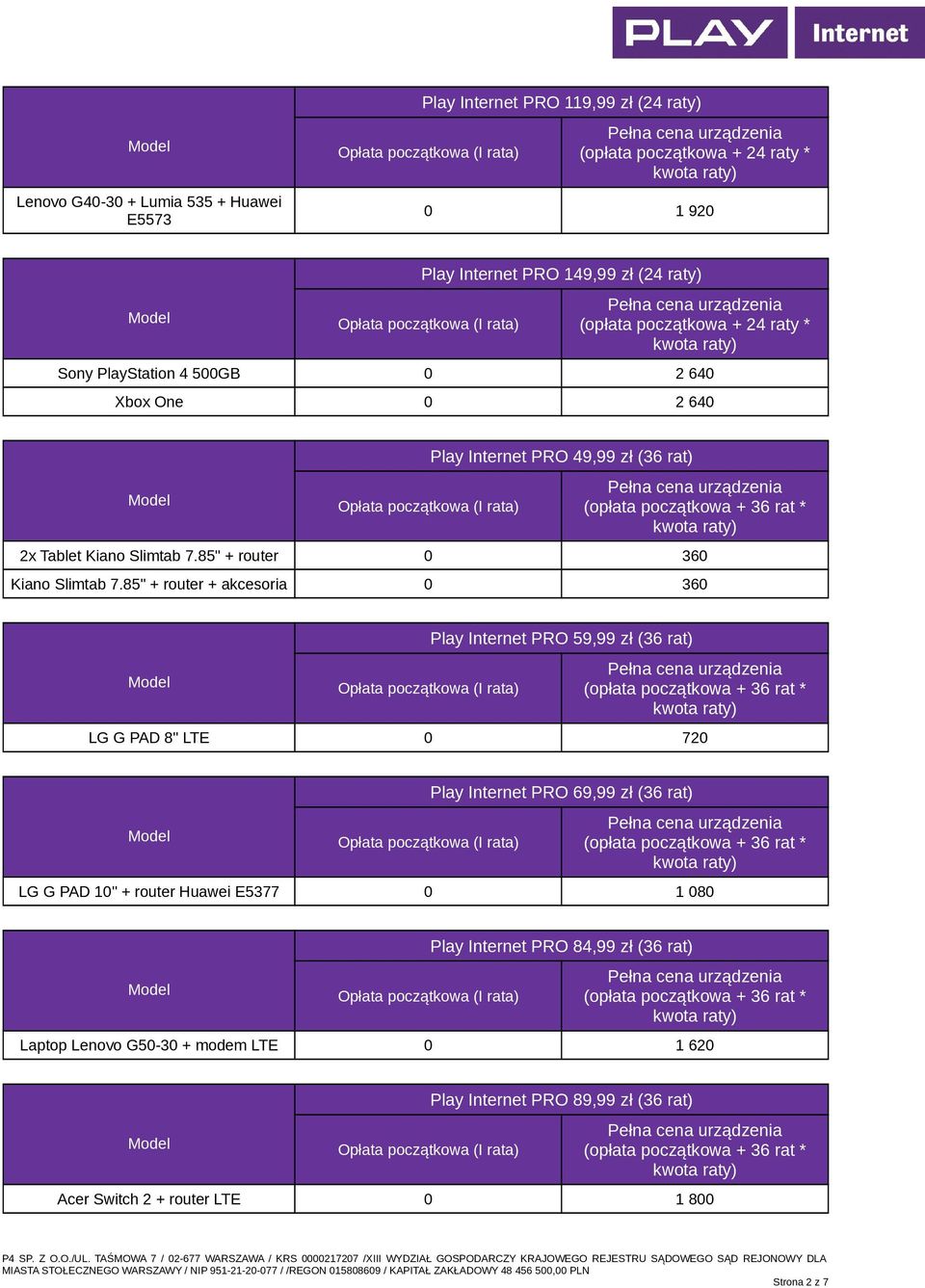 85" + router + akcesoria 0 360 Play Internet PRO 59,99 zł (36 rat) LG G PAD 8" LTE 0 720 Play Internet PRO 69,99 zł (36 rat) LG G PAD 10" + router