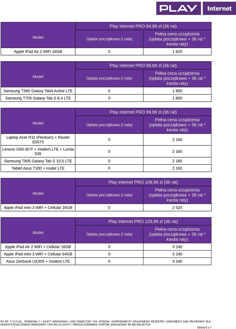 4 LTE 0 1 800 Laptop Acer R11 (Pentium) + Router Lenovo G50-30 P + modem LTE + Lumia 535 Play Internet PRO 99,99 zł (36 rat) 0 2 160 0 2 160 Samsung T805 Galaxy Tab S