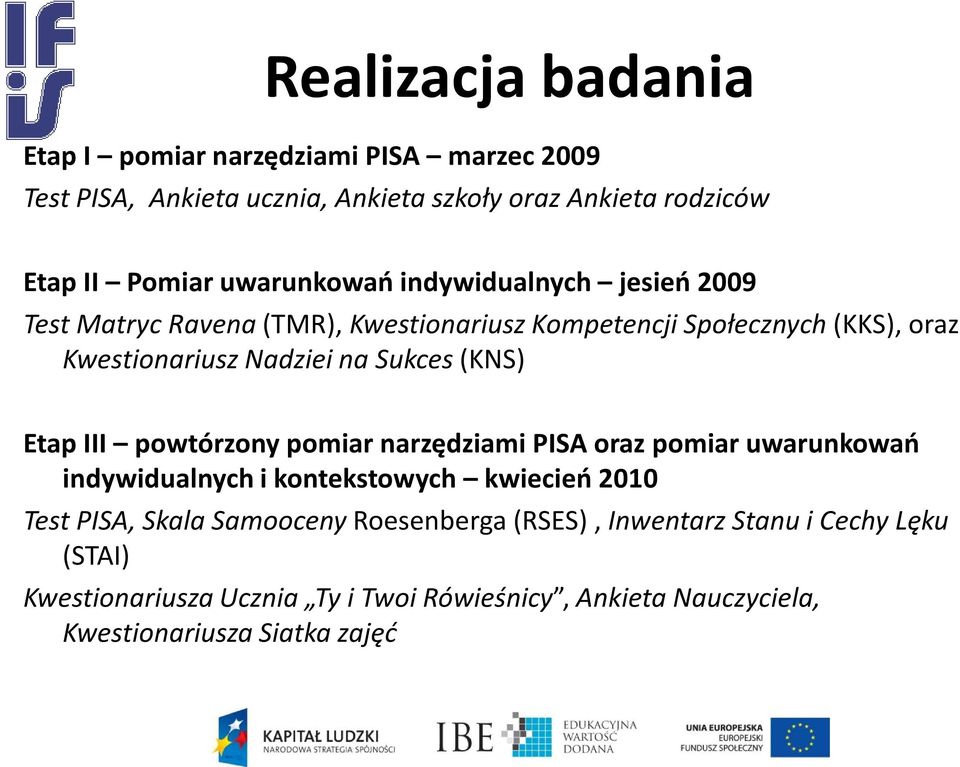 Sukces (KNS) Etap III powtórzony pomiar narzędziami PISA oraz pomiar uwarunkowań indywidualnych i kontekstowych kwiecień 2010 Test PISA, Skala